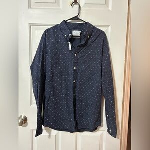 Goodfellow Mens Poplin Long Sleeve Shirt Large White Polka Dot NWT Navy Slim Fit
